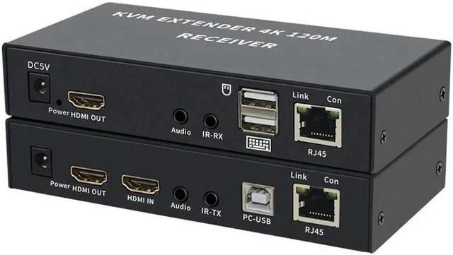 Main image of 4K HDTV 120M KVM Extender HDMI-Compatible USB-A Keyboard Mouse 3.5mm AUX Aluminium Alloy Over CAT6 RJ45 Lan Ethernet Extender(With US Plug)