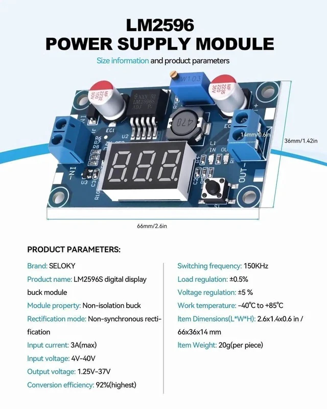 Alt view image 7 of 7 - LM2596 DC-DC Buck Power Converter Module, Adjustable Voltage Regulator 4-40V to 1.25-37V Buck Converter with LED Voltmeter Display (Pack of 6)