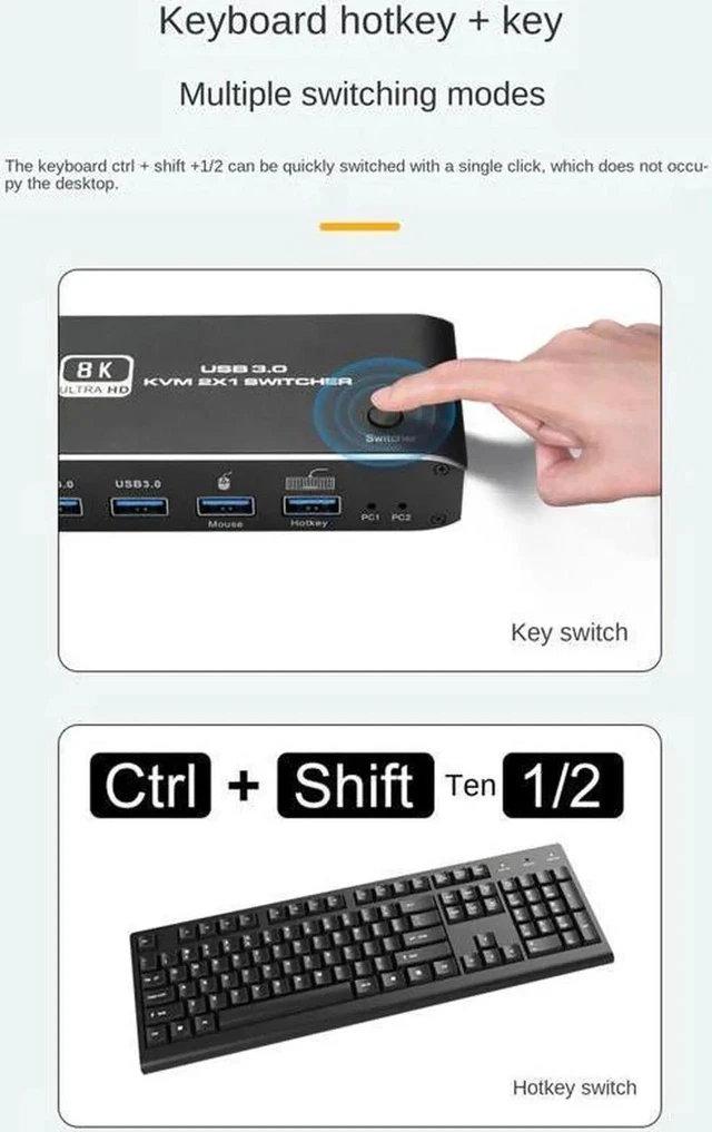 Alt view image 5 of 7 - 8K HDMI KVM Switch 8K USB KVM HDMI Switch 2x1 HDMI2.1 Ports + 4X USB3.0 KVM Ports,Share 2 Computers one Monitor Switch,Supports 8K 60Hz,4K 120Hz,YUV 4:4:4,HDCP 2.3,HDR 10,Hotkey,Darkish