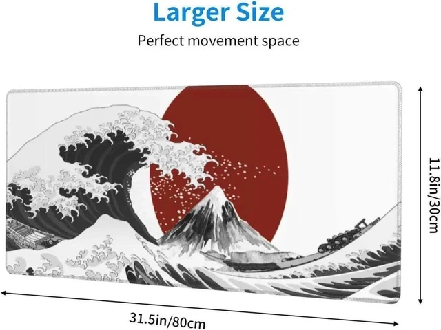 Alt view image 2 of 7 - Black White Wave Gaming Mouse Pad XL Red Sun Sea Extended Large Desk Cover Big Table Mat Non-Slip Rubber Base Stitched Edge Long Keyboard Playmat for Gamer 31.5×11.8 Inches