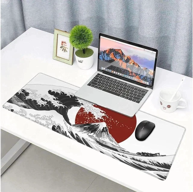 Alt view image 4 of 7 - Black White Wave Gaming Mouse Pad XL Red Sun Sea Extended Large Desk Cover Big Table Mat Non-Slip Rubber Base Stitched Edge Long Keyboard Playmat for Gamer 31.5×11.8 Inches