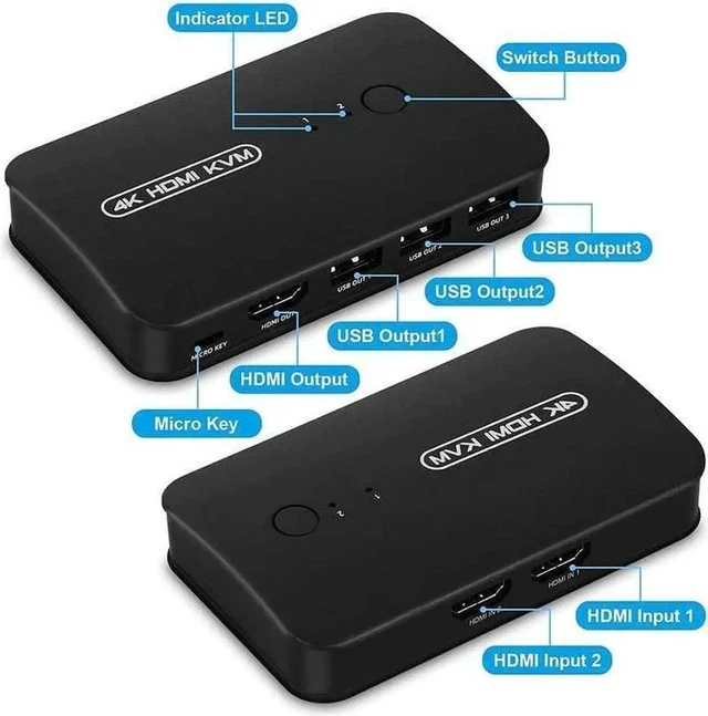 Alt view image 4 of 6 - HDMI USB KVM Switch Selector for 2 Computers Share Keyboard Mouse Printer and One HD 4K Monitor, 2 KVM Cables Included