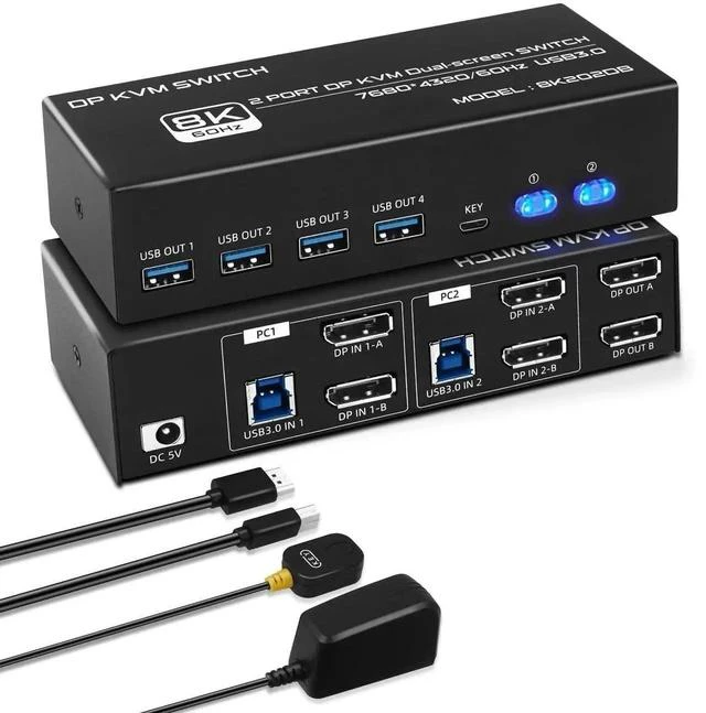 Main image of 8K DP KVM Switch 2 PC 2 Monitor, Dual Monitor KVM with 4 DP and 2 USB Cables, 4K@120Hz 8K@60Hz Displayport 1.4 and USB 3.0