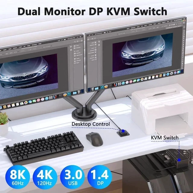 Alt view image 4 of 7 - KVM Switch 2 Monitors 2 Computers DisplayPort 8K @60Hz, USB 3.0 KVM Switches for 2 Computers Share Dual Monitor and 4 USB Devices, DisplayPort KVM with Wired Controller Support Extend/Copy Mode