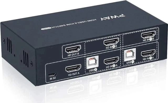 Main image of 2 Port Dual Monitor KVM Switch HDMI 4K@30Hz, 2 USB 2.0 Hub, Supported Wireless Keyboard & Mouse and Hotkey Switch, No Power Adapter with 4 HDMI Cables