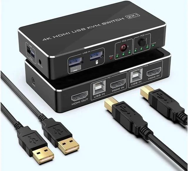 Main image of KVM Switch HDMI 2 Port Box Rocketek 2 USB 2.0 Hub Share 2 Computers to One HD Monitor 4K@30Hz KVM Switcher Adapter USB Switch Support Wireless Keyboard and Mouse Connections with 2 USB Cable