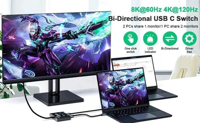 Alt view image 2 of 7 - USB C Switch Bi-Directional Switcher 1 in 2 Out/2 in 1 Out USB Switch Selector 2 Computers Share 1 Devices USB KVM Switch 8K@60Hz Video 10Gbps Data Transfer 100W Charging USB-C Cables Included