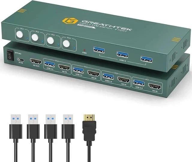 Main image of USB3.0 KVM Switch HDMI 4K@60Hz for 4 Computers Share 1 Monitor, KVM Switch 4 Port with 3 USB 3.0 Ports Share Keyboard Mouse, Support Button Switch, Plug and Play