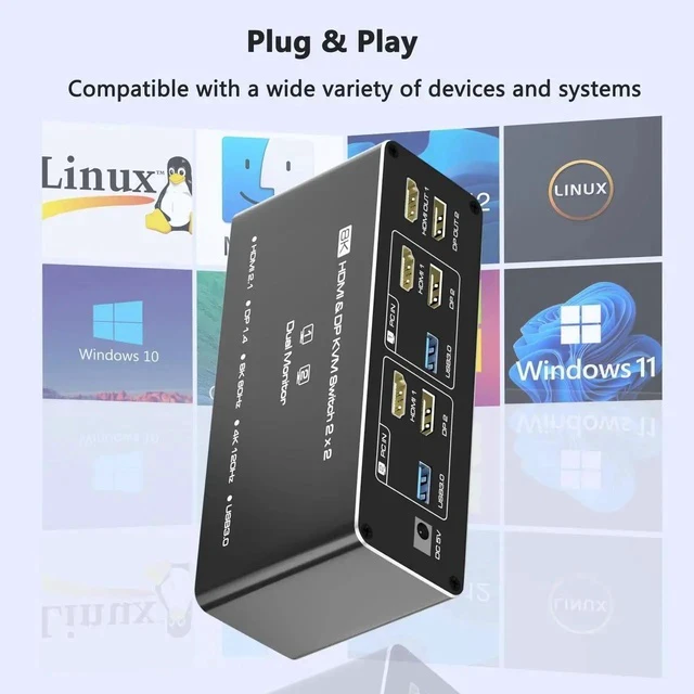 Alt view image 2 of 7 - KVM Switch 2 Monitors 2 Computers, 8K HDMI+DP Dual Monitor KVM Switch, USB 3.0 Hub for 2 PC Share 2 Screens, Support Extended/Copy Mode with Desktop Controller with 2 USB Cables & Desktop Controller