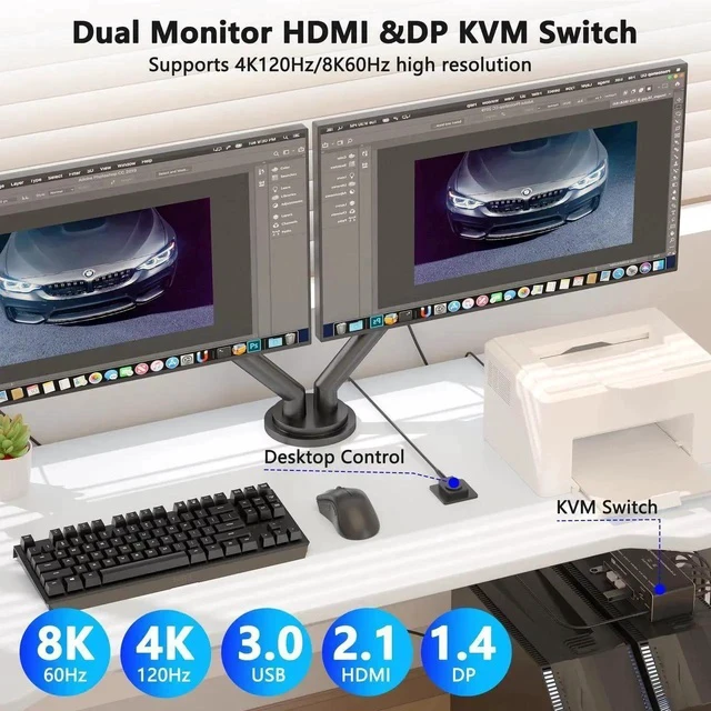 Alt view image 3 of 7 - KVM Switch 2 Monitors 2 Computers, 8K HDMI+DP Dual Monitor KVM Switch, USB 3.0 Hub for 2 PC Share 2 Screens, Support Extended/Copy Mode with Desktop Controller with 2 USB Cables & Desktop Controller