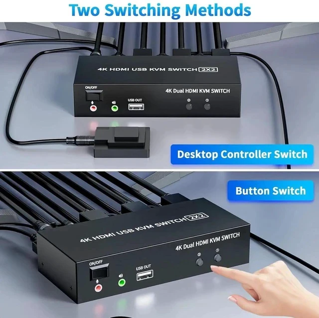 Alt view image 5 of 7 - 2 Ports Dual Monitor Switch, 4K@60Hz KVM Switch 2 Monitors 2 Computers, KVM Dual Monitor HDMI Switcher 2x2 for 2 Computers Share 2 Displays and 5 USB 2.0 Ports, Wired Remote and USB Power Cable