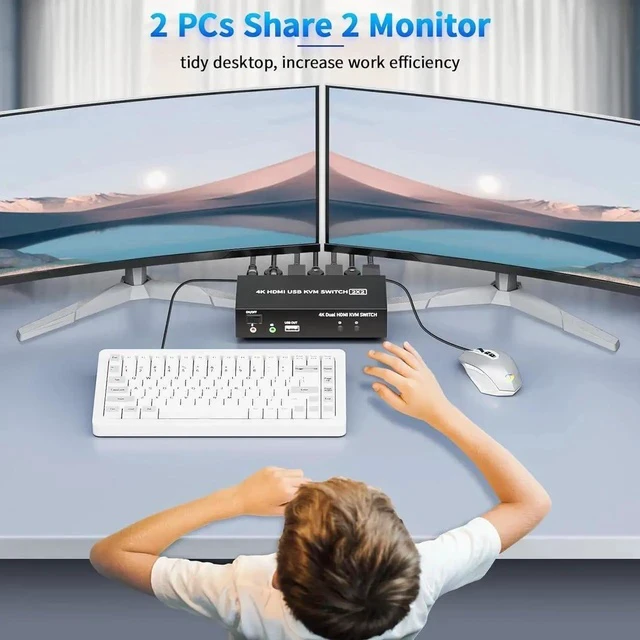 Alt view image 7 of 7 - 2 Ports Dual Monitor Switch, 4K@60Hz KVM Switch 2 Monitors 2 Computers, KVM Dual Monitor HDMI Switcher 2x2 for 2 Computers Share 2 Displays and 5 USB 2.0 Ports, Wired Remote and USB Power Cable