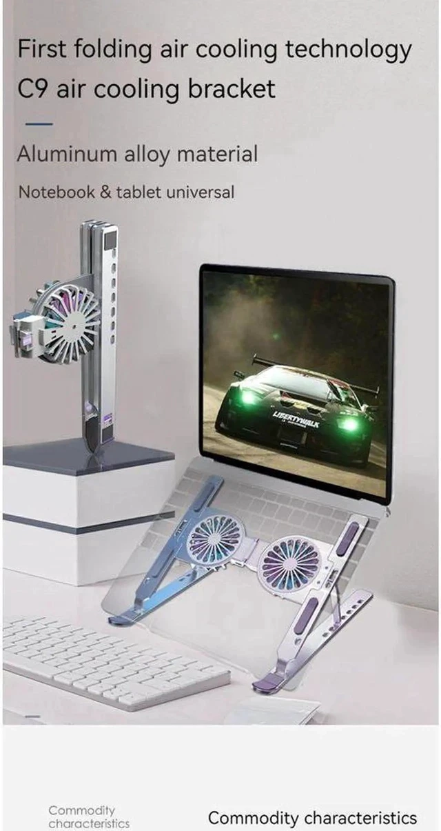 Alt view image 7 of 7 - Laptop Tablet Ultrabook Stand for Desk Portable Adjustable Laptop Tablet Mount with Dual High-speed Cooling Fan Foldable MacBook Anti-Slip Laptop Tablet Riser for 11-17.3" Laptop Tablets