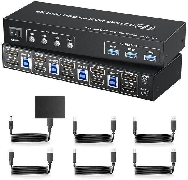 Main image of DisplayPort KVM Switch Box for 4 Computers Share 2 Monitors, DP KVM Switch with 3 USB 3.0 Ports, Support 4K@60Hz Copy Extended Splicing Display, Button Controller & 4 USB Cables Included