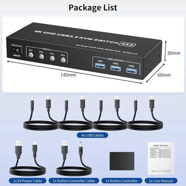 Alt view image 6 of 7 - DisplayPort KVM Switch Box for 4 Computers Share 2 Monitors, DP KVM Switch with 3 USB 3.0 Ports, Support 4K@60Hz Copy Extended Splicing Display, Button Controller & 4 USB Cables Included