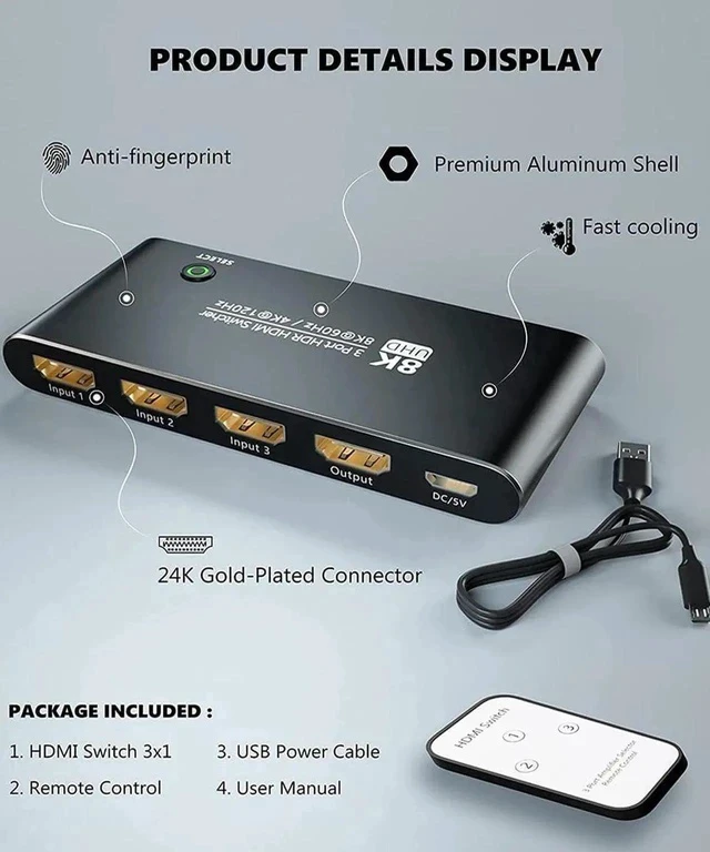 Alt view image 7 of 7 - Aluminum Shell HDMI 2.1 Switch 8K Directional 8K@60Hz 4K@120Hz 1440P@165Hz 1080P@240Hz 3in 1out High Speed 48Gbps eARC Converter with Remote Control Compatible with Xbox X PS5