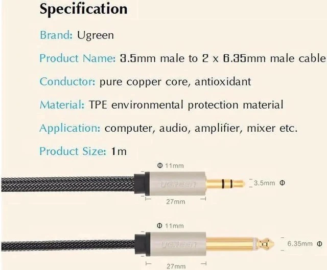 Alt view image 5 of 5 - 3.28ft/1m High quality 3.5mm to Dual 6.35mm audio Y golden cable ,3.5mm male to 2 x 6.35mm male cable