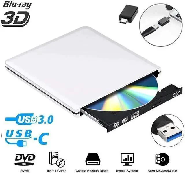 Main image of External Blu Ray DVD Drive 3D USB 3.0 and Type-C Bluray CD DVD Burner Slim Optical Portable Blu-ray Writer for MacBook OS Windows xp/7/8/10, Linux, Laptop PC (Silver)