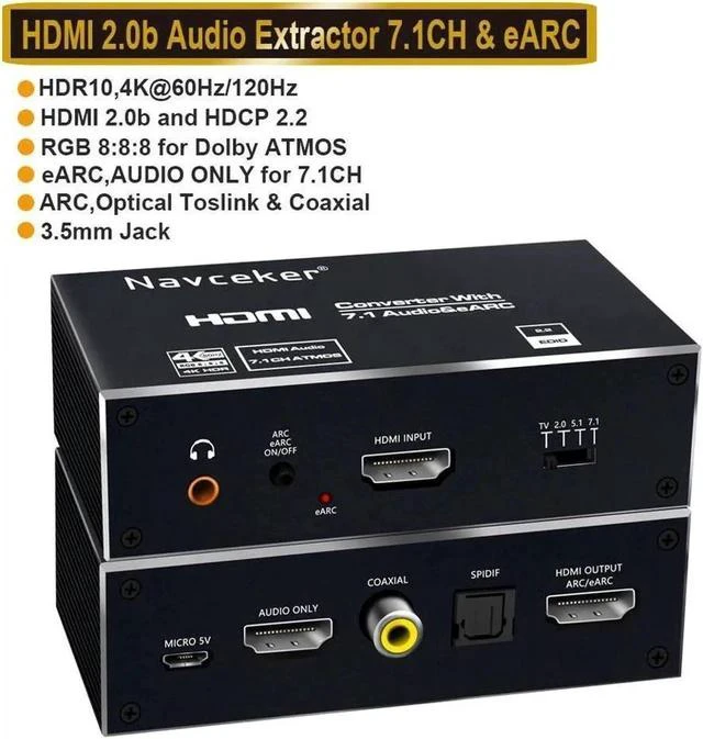 Main image of 4K@60HZ HDMI 2.0b Audio Extractor, HDMI Audio Converter Adapter,HDMI to HDMI+HDMI Audio Out Only, Support Optical Toslink SPDIF, 3.5mm Audio Jack, Coaxial, 7.1Ch