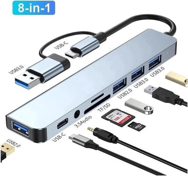 Main image of USB A Type C Hub, 8 in 1 USB C to USB Adapter with 100W Type C PD, SD/Micro SD Card Reader, USB3.0&3 USB2.0,3.5mm Audio, USB C Dongle Multiport Adapter for MacBook Air/Pro, iPad Pro M1