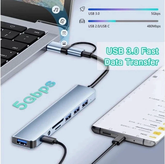 Alt view image 3 of 7 - USB A Type C Hub, 8 in 1 USB C to USB Adapter with 100W Type C PD, SD/Micro SD Card Reader, USB3.0&3 USB2.0,3.5mm Audio, USB C Dongle Multiport Adapter for MacBook Air/Pro, iPad Pro M1