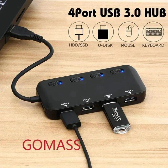 Alt view image 3 of 7 - 4-Port USB 3.0 Hub, Portable Data Hub with Individual Power Switch and LED Compatible iMac Pro, MacBook Air, Mac Mini/Pro, Surface Pro, Notebook PC, Laptop, USB Flash Drives, and Mobile HDD