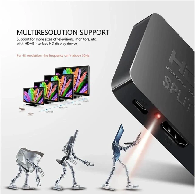 Alt view image 5 of 7 - Hdmi Splitter 4K@30Hz, Hdmi Splitter 1 in 2 Out for Dual Monitors Duplicate/Mirror, Dual Hdmi Adapter for 2 Monitors Support HDCP1.4, 10.5Gbps, Auto Scaling, Full HD 1080P 3D