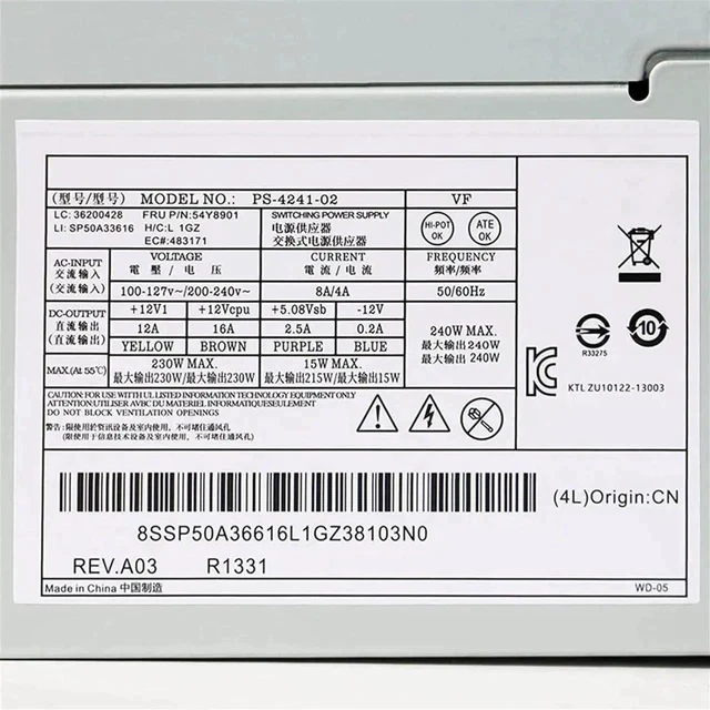 Alt view image 4 of 5 - For M73 M82 M83 M92 M93 240W Power Supply 54Y8901 54Y8849 54Y8897 54Y8874 54Y8875 54Y8858 54Y8921 HK340-72FP HK280-71FP