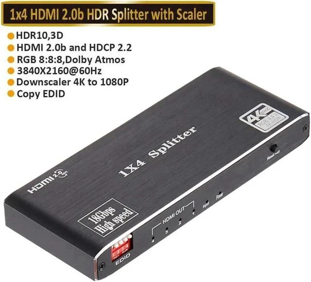 Main image of 1x4 HDMI Splitter with EDID,4K60 HDR10,HDCP2.2, Dolby Vision Atmos for TV PS5 Xbox Game