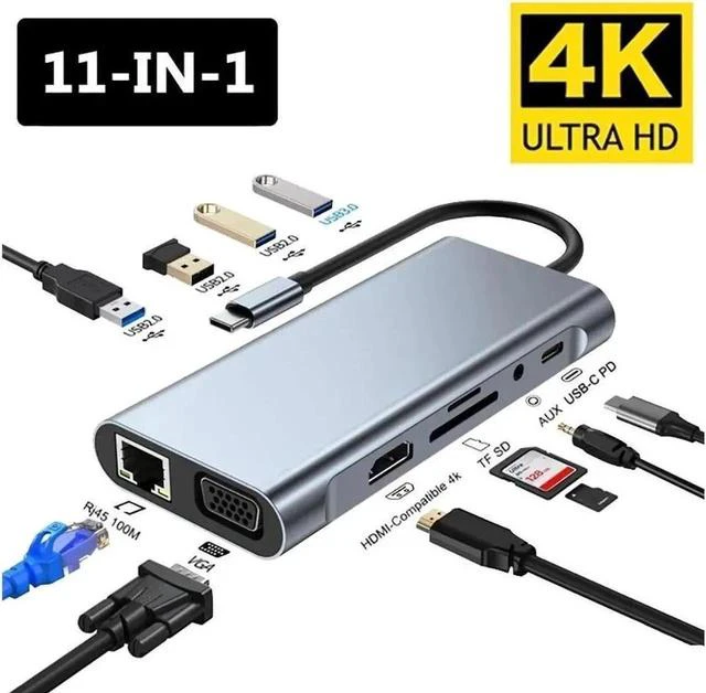 Main image of Aluminum 11 in 1 USB C Hub with HDMI, VGA, RJ45,USB port, TF/SD Card Reader, 3.5mm Ultra Slim Portable USB Splitter Adapter for Laptop, PS4, Flash Drive, HDD, Xbox, Printer, Mouse