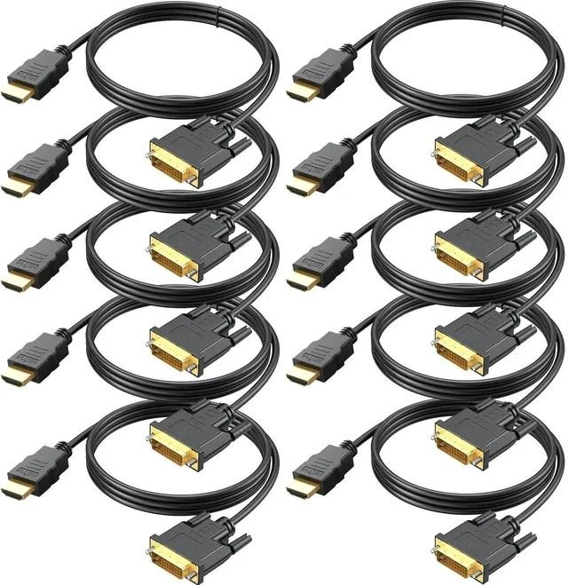 Main image of HDMI to DVI Cable 10-Pack, 6 Ft Bidirectional DVI-D to HDMI Male to Male High Speed Adapter Cable Support 1080P Full HD (10, Black)