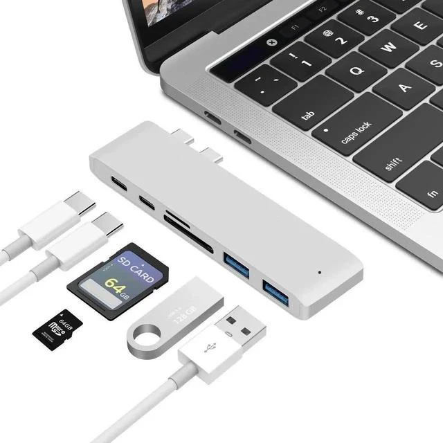 Main image of USB C Hub Adapter for MacBook Air 2018, MacBook Pro 2018/2017/2016, Dual Type C Hub with SD/TF Card Reader, 2 Type C 40Gbps Thunderbolt 3 Port and 2 USB 3.0 Ports (Silver)