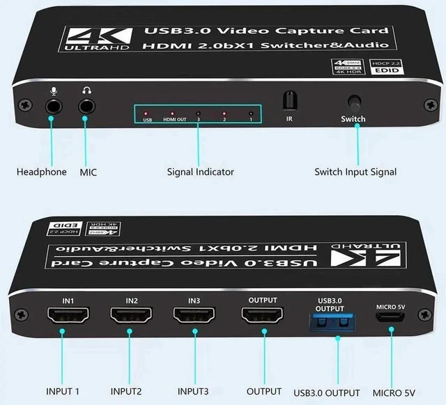 Alt view image 4 of 7 - 3X1 4K@60Hz Video Capture Device Video Capture Card 4K 60fps HDMI-compatible to HDMI&USB3.0/Type-C with Mic & 3.5mm Audio & IR for Game Record Live Streaming Broadcast
