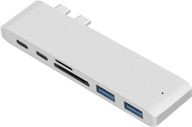 Alt view image 2 of 7 - USB C Hub Adapter for MacBook Air 2018, MacBook Pro 2018/2017/2016, Dual Type C Hub with SD/TF Card Reader, 2 Type C 40Gbps Thunderbolt 3 Port and 2 USB 3.0 Ports (Silver)