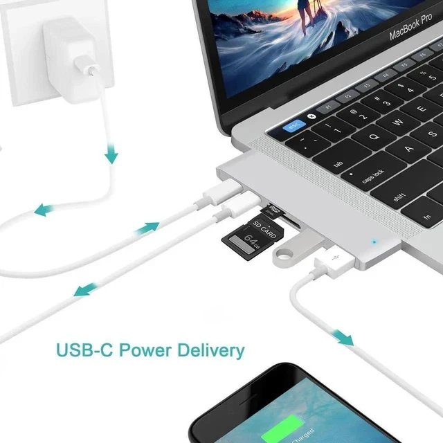 Alt view image 6 of 7 - USB C Hub Adapter for MacBook Air 2018, MacBook Pro 2018/2017/2016, Dual Type C Hub with SD/TF Card Reader, 2 Type C 40Gbps Thunderbolt 3 Port and 2 USB 3.0 Ports (Silver)