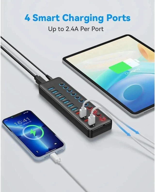 Alt view image 4 of 7 - Powered USB Hub, 11-Port USB 3.0 Hub Splitter (7 USB 3.0 Data Ports + 4 Smart Charging Ports ) with Individual LED On/Off Switches, USB Hub 3.0 Powered with 24W AC Adapter for Mac, PC