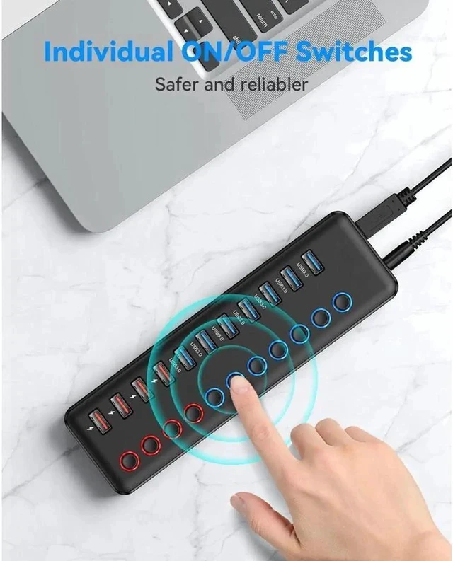 Alt view image 6 of 7 - Powered USB Hub, 11-Port USB 3.0 Hub Splitter (7 USB 3.0 Data Ports + 4 Smart Charging Ports ) with Individual LED On/Off Switches, USB Hub 3.0 Powered with 24W AC Adapter for Mac, PC