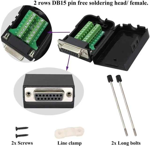 Alt view image 6 of 7 - 2-Pack DB15 Screw Terminal Block Adapter, 15 Pin 2 Row DB15 Female to 16 Pin/Way Female Terminal Board, Black