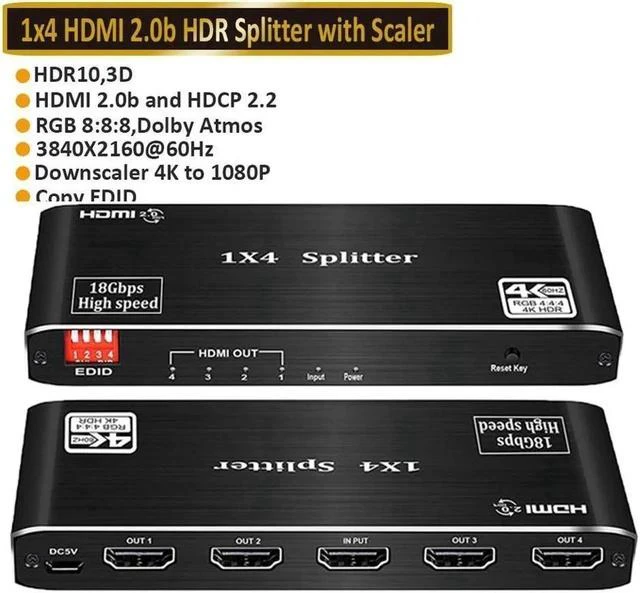 Main image of 4K 1x4 HDMI Splitter with EDID- 1Port to4 HDMI Display Duplicate/Mirror - Powered Splitter Ver 2.0 Certified for Full HD 4k 1080P High Resolution & 3D Support (One Input To Four Outputs)