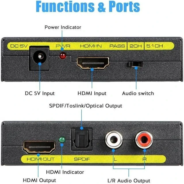 Alt view image 4 of 7 - HDMI Audio Extractor 4K Tiancai HDMI to HDMI + RCA R/L or Optical SPDIF Converter Compatible with Chromecast Fire Stick Blu-Ray Player PS4 Speaker Amplifier Soundbar Headphone Support 3D