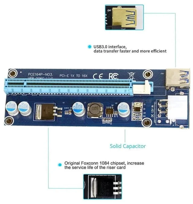 Alt view image 7 of 7 - PCI-E 1x to 16x Mining Machine Enhanced Extender Riser Adapter with USB 3.0 & 6Pin Power Cable