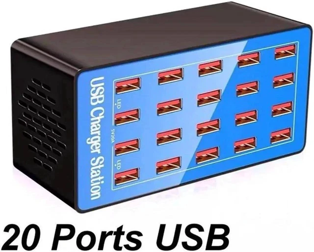 Alt view image 3 of 6 - 24-Port 100 watt (20 A) USB Charging Station, Travel Desktop USB Rapid Charger, Multi Ports Fast Charger Station Organizer Compatible with Smartphones, Tables, and More Devices - Blue