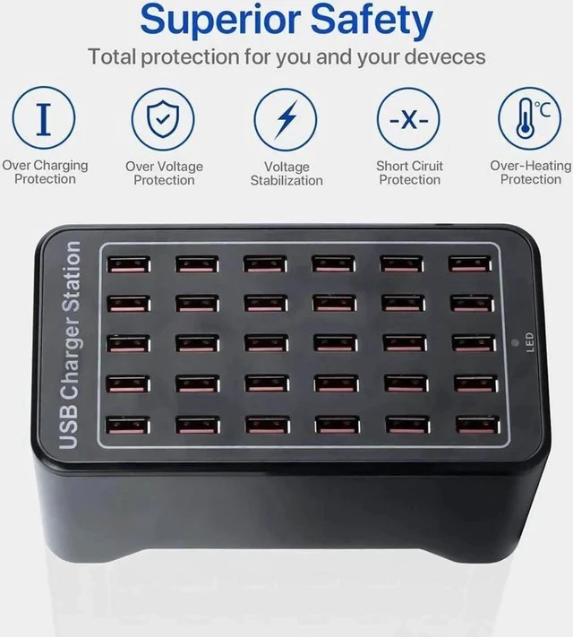 Alt view image 3 of 7 - 20-Port 150 watt (30 A) USB Charging Station, Travel Desktop USB Rapid Charger, Multi Ports Fast Charger Station Organizer Compatible with Smartphones, Tables, and More Devices - Black