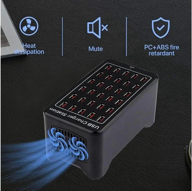 Alt view image 7 of 7 - 20-Port 150 watt (30 A) USB Charging Station, Travel Desktop USB Rapid Charger, Multi Ports Fast Charger Station Organizer Compatible with Smartphones, Tables, and More Devices - Black