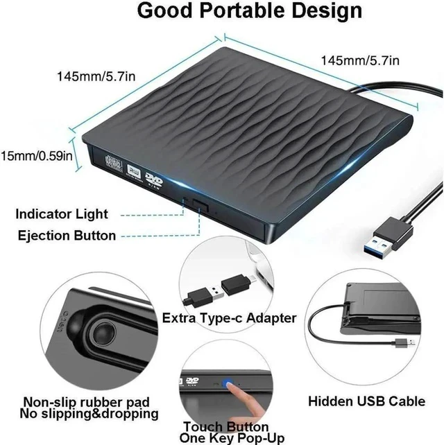 Alt view image 3 of 7 - External DVD Drive for Laptop, Portable High-Speed USB-C&USB 3.0 CD Burner/DVD Reader Writer for PC Desktops, Compatible with Windows/Mac OSX/Linux (SLS01), Black