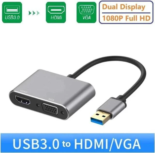 Main image of 2 in 1 USB 3.0 to HDMI VGA Adapter 1080P, Built-in Driver, Support HDMI VGA Sync Output for Windows 10 / 8 / 7 Only, NOT Mac OS / Linux / Vista, USB to HDMI VGA HUB.