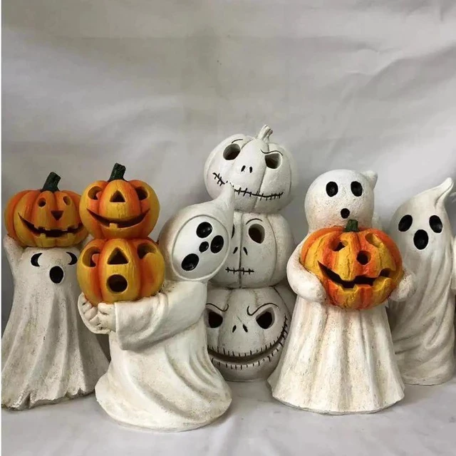 Alt view image 3 of 5 - Gemdeck Halloween Decor Ghost With Pumpkin Light Up Jack-o'-lantern Ceramic Pumpkin Light