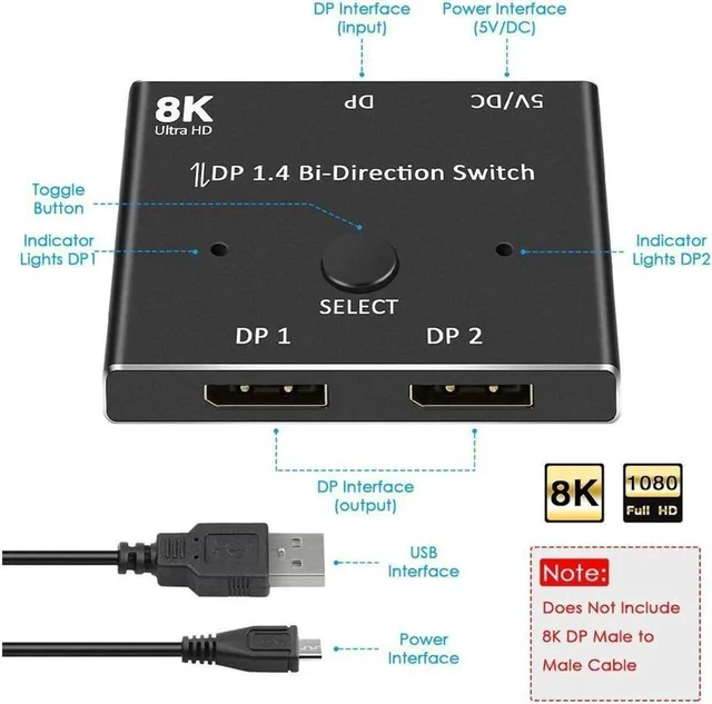 Alt view image 5 of 7 - 8K Displayport Splitter Switcher,ESTONE 8K@60Hz DP 1.4 Switcher, Two-Way DP Switch Selector Box 2x1 or 1x2, 4K@120Hz Manual Display Port Splitter 2 in 1 Out for Computer Monitor Projector TV