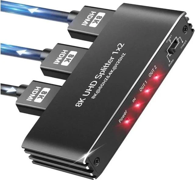 Main image of 4K 120Hz 1 in 2 Out HDMI Splitter -ESTONE Ultra HD 8K @ 60 Hz 1x2 V. 2.1 HDCP 2.3, Power HDMI Supports 8K 3D Full HD 1080P EDID for Xbox, PS4 PS3 Blu Ray TV HDTV - Adapter Included
