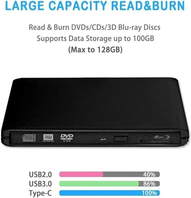 Alt view image 7 of 7 - Aluminum External Blu-Ray/DVD/CD Burner Drive USB 3.0 Type-C External DVD CD ROM Burner, Portable DVD Player, CD RW Optical Drive, For Laptop Desktop PC Windows Linux OS Apple Mac, Black